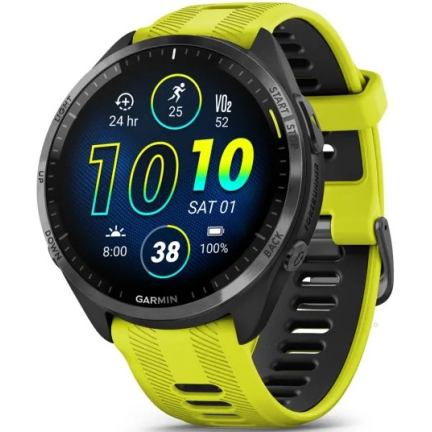 Garmin Forerunner 965 Carbon Gray DLC Titanium Bezel/Black Case and Amp Yellow/Black Silicone Band